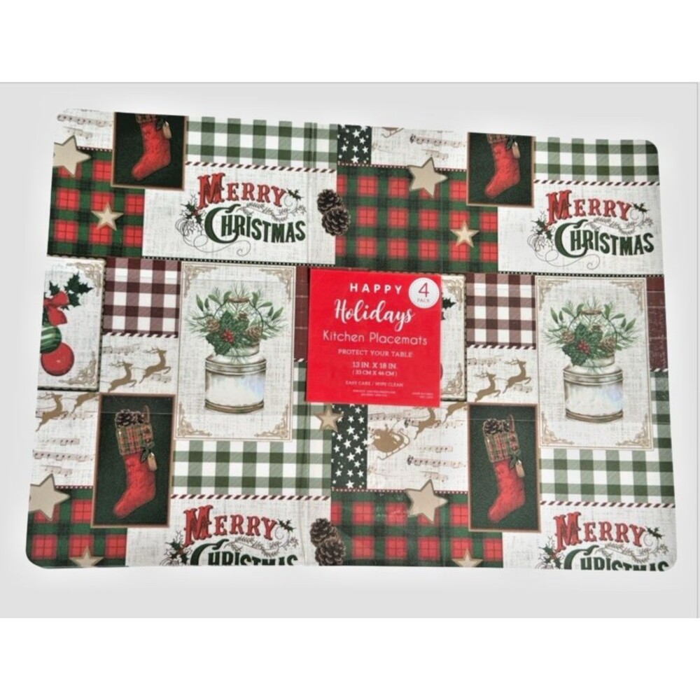 Christmas Patchwork Placemats Set of 4 Vinyl Foam Back Holiday 13x18" Plaid
